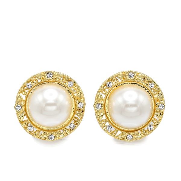 Fashion Sparkling Diamond Crystals & White-Colored Pearl Gold Tone Clip-On Earrings