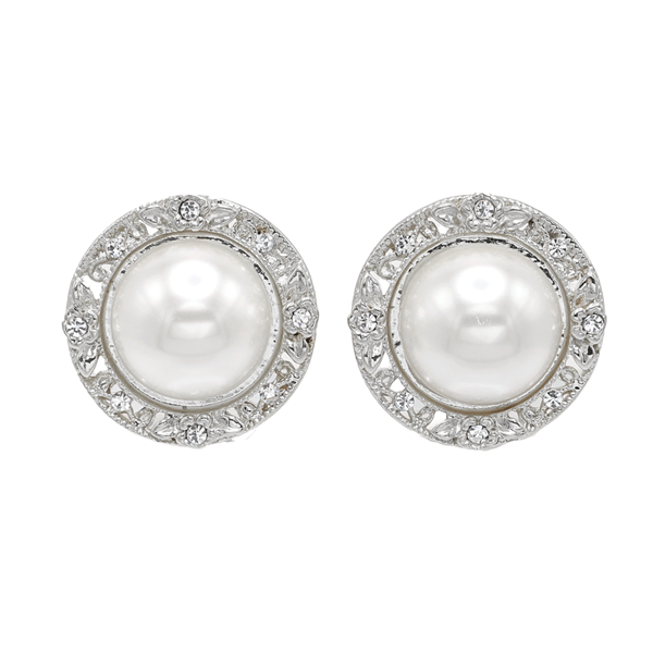 Fashion Sparkling Diamond Crystals & White-Colored Pearl Silver Tone Clip-On Earrings