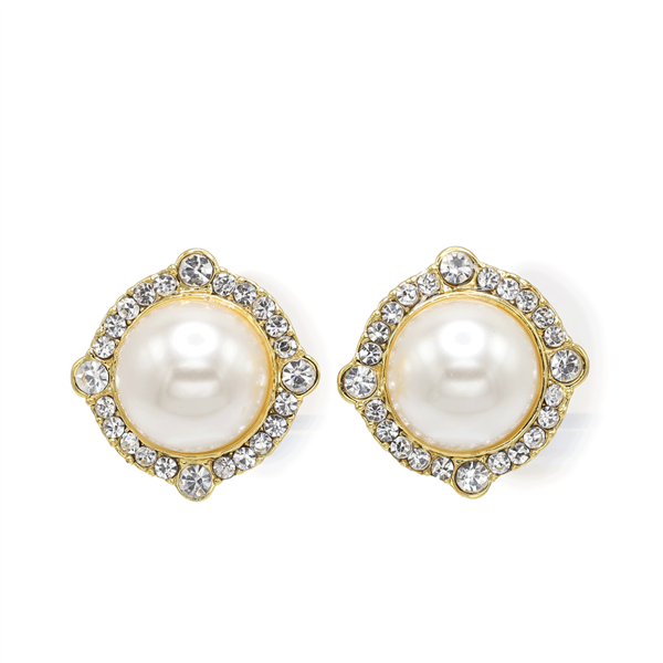 Fashion Sparkling Diamond Crystals & White-Colored Pearl Gold Tone Clip-On Earrings