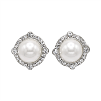 Fashion Sparkling Diamond Crystals & White-Colored Pearl Silver Tone Clip-On Earrings