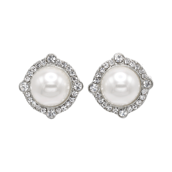 Fashion Sparkling Diamond Crystals & White-Colored Pearl Silver Tone Clip-On Earrings
