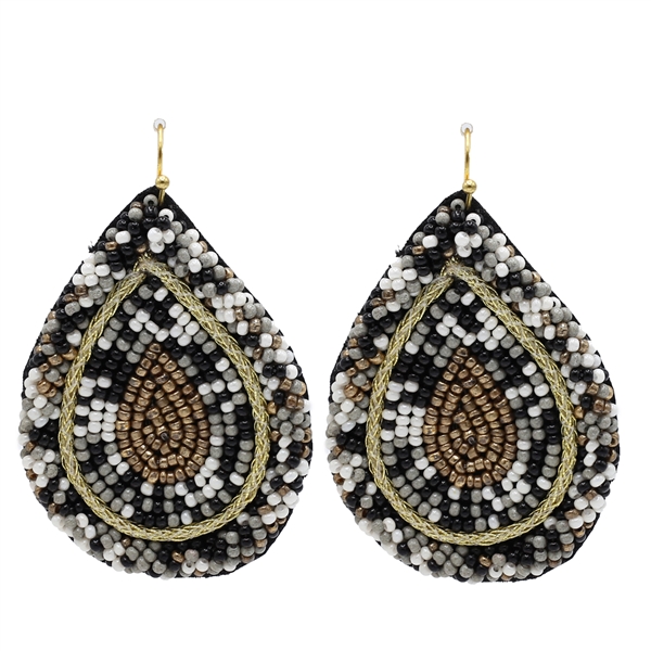 Chic Gold Wire Black Mix Seed Bead Teardrop Gold Toned Post Dangle Earrings