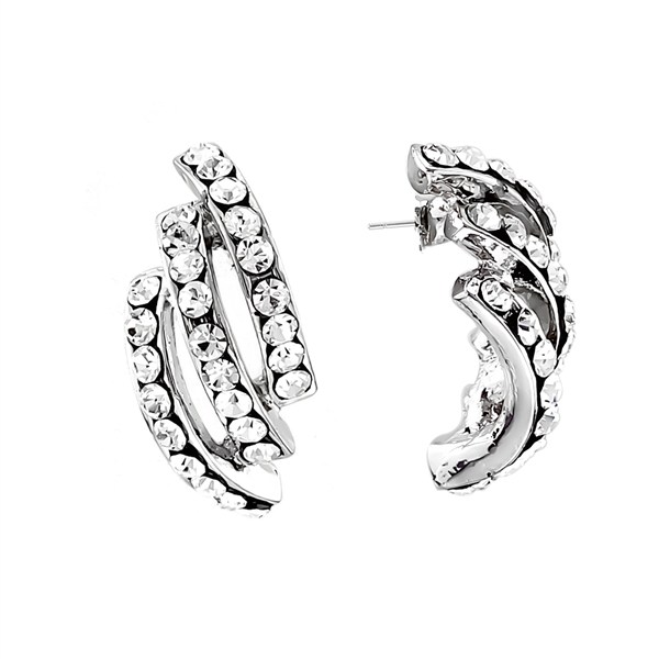 Unique Cuff-Like Sparkling Clear Crystal Silver-Toned Stud Earrings