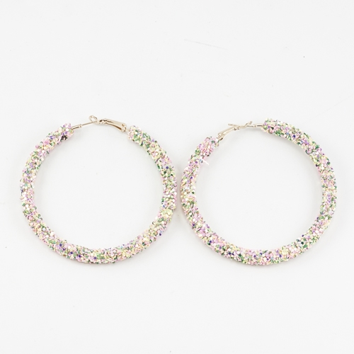 Chic 60MM Pink Multi Colored Crystal Flake Hoop Gold Earrings