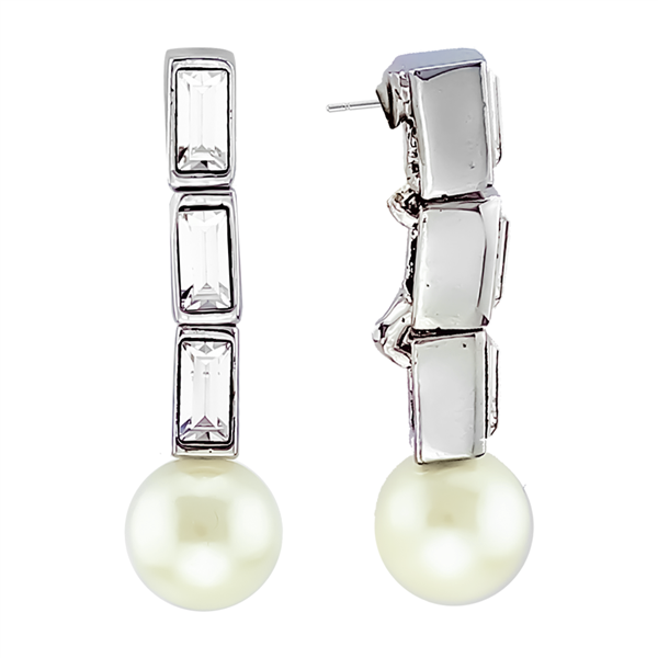 Trendy Fashion Statement Sparkling Clear Rectangle Crystal Cream Pearl Stud Earrings