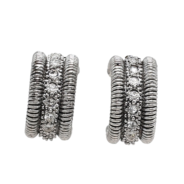 Unique Sparkling Diamond & Black Accented Silver-Toned Post Huggie Earrings
