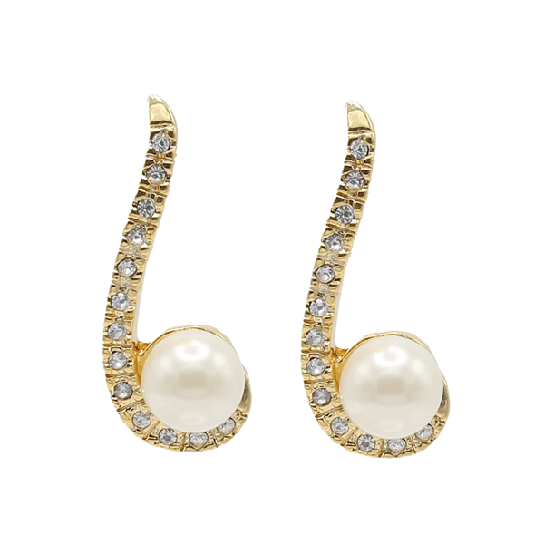 Fashion Statement Sparkling Diamond Crystal White Pearl Gold-Toned Post Earrings