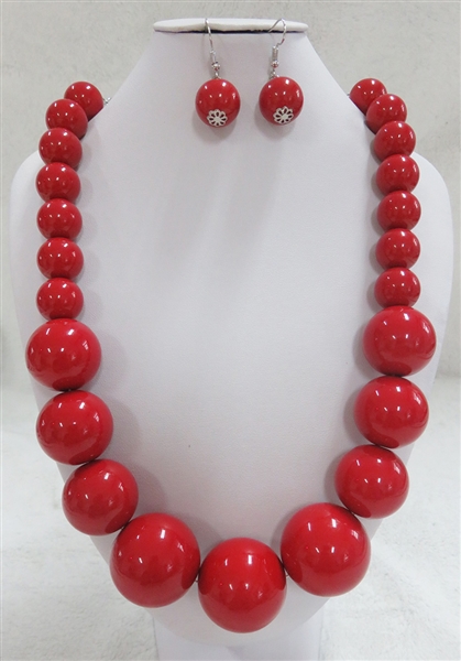 Simple Red Pearl Silver Toned Necklace Set