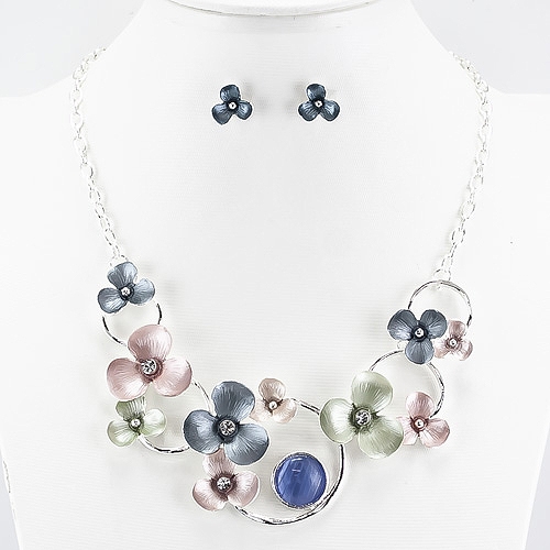 Unique Silver & Multicolored Floating Floral Necklace Set