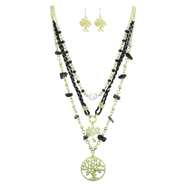 Lightweight Three Layered Chain Tree of Life Charm Gold Necklace Set