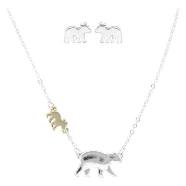 Stylish Lively Wild Mama Bear & Little Bear Silver Stud Earring Two-Tone Necklace Set