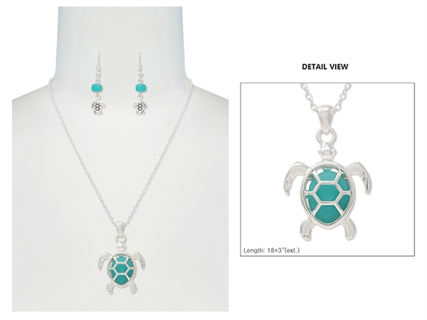 Stylish Silver & Aqua Sea Life Turtle Stone Necklace Set