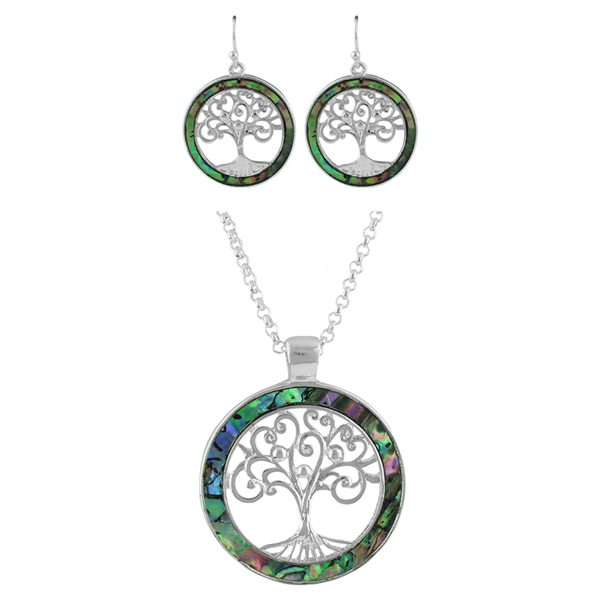 Iridescent & Silver Circle Tree of Life Necklace Set
