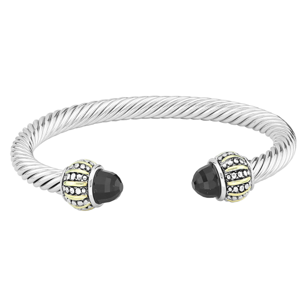 Elegant & Stylish Black Crystal & Silver Posh Twisted Cable Open Cuff Bangle