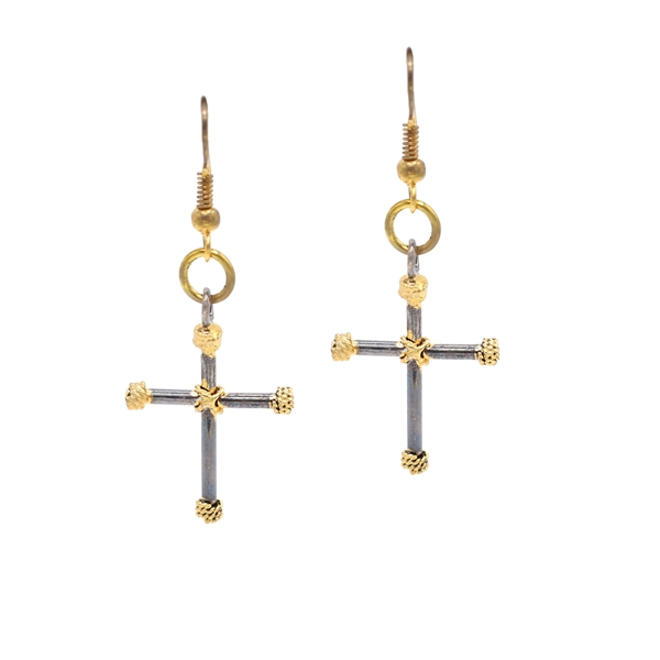 Stylish Two-Tone Cross Thin Rope Gold Toned Post Dangle Earrings