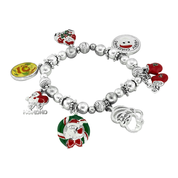 Fashion Holiday Season Silver Beads Christmas Inspired Charm Stretch Bracelet