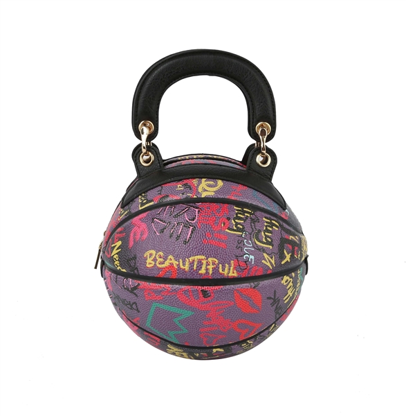 Stylish Purple Faux Leather Multi-Colored Graffiti Writing Basketball Shaped Satchel Handbag