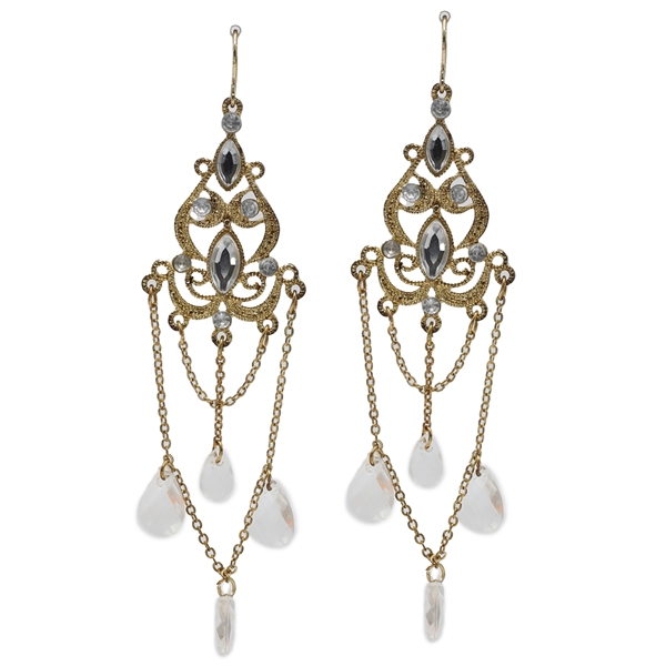 Fashion Sparkling Diamond Crystals & Clear Translucent Teardrop Beads Gold-Toned Fish Hook Earrings