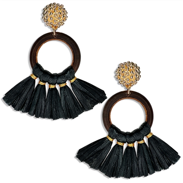 Chic & Cute Black Raffia Paper Faux Wood Gold-Tone Tassel-Like Post Drop Earrings
