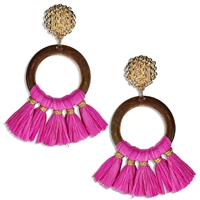 Chic & Cute Fuchsia Raffia Paper Faux Wood Gold-Tone Tassel-Like Post Drop Earrings