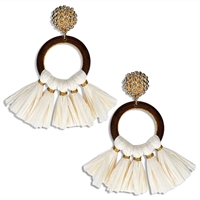 Chic & Cute Ivory Raffia Paper Faux Wood Gold-Tone Tassel-Like Post Drop Earrings