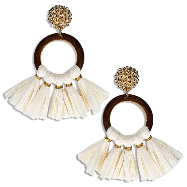 Chic & Cute Ivory Raffia Paper Faux Wood Gold-Tone Tassel-Like Post Drop Earrings