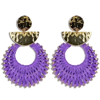 Chic & Cute Purple Raffia Paper Metal Gold-Tone Tassel-Like Post Drop Earrings