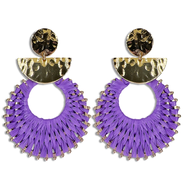 Chic & Cute Purple Raffia Paper Metal Gold-Tone Tassel-Like Post Drop Earrings