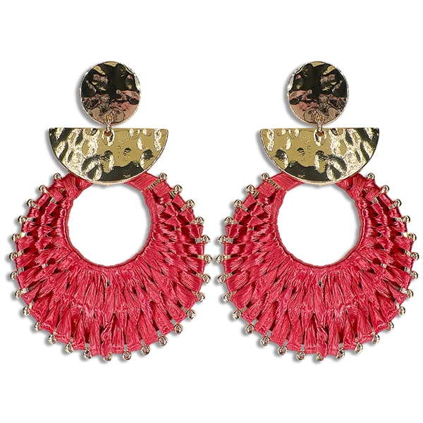 Chic & Cute Red Raffia Paper Metal Gold-Tone Tassel-Like Post Drop Earrings
