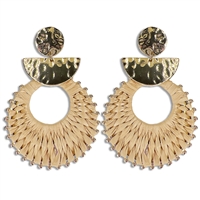 Chic & Cute Tan Raffia Paper Metal Gold-Tone Tassel-Like Post Drop Earrings