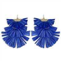 Chic & Cute Royal Blue Raffia Paper Tiered Gold-Tone Tassel-Like Fish Hook Drop Earrings