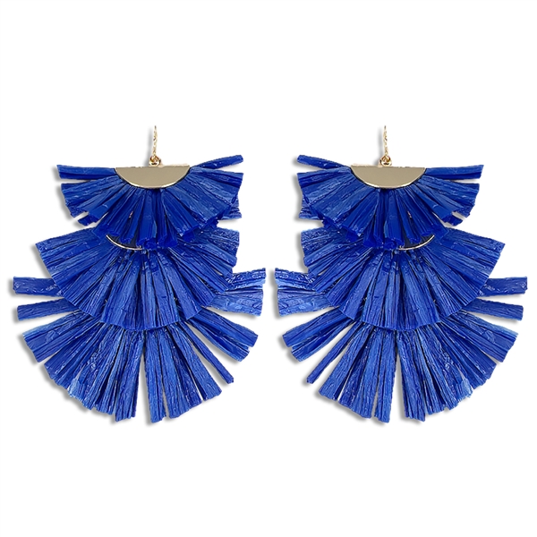 Chic & Cute Royal Blue Raffia Paper Tiered Gold-Tone Tassel-Like Fish Hook Drop Earrings