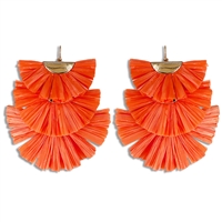 Chic & Cute Coral Orange Raffia Paper Tiered Gold-Tone Tassel-Like Fish Hook Drop Earrings