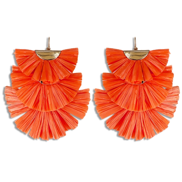 Chic & Cute Coral Orange Raffia Paper Tiered Gold-Tone Tassel-Like Fish Hook Drop Earrings