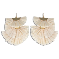 Chic & Cute Ivory Raffia Paper Tiered Gold-Tone Tassel-Like Fish Hook Drop Earrings