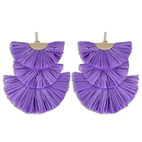 Chic & Cute Purple Raffia Paper Tiered Gold-Tone Tassel-Like Fish Hook Drop Earrings