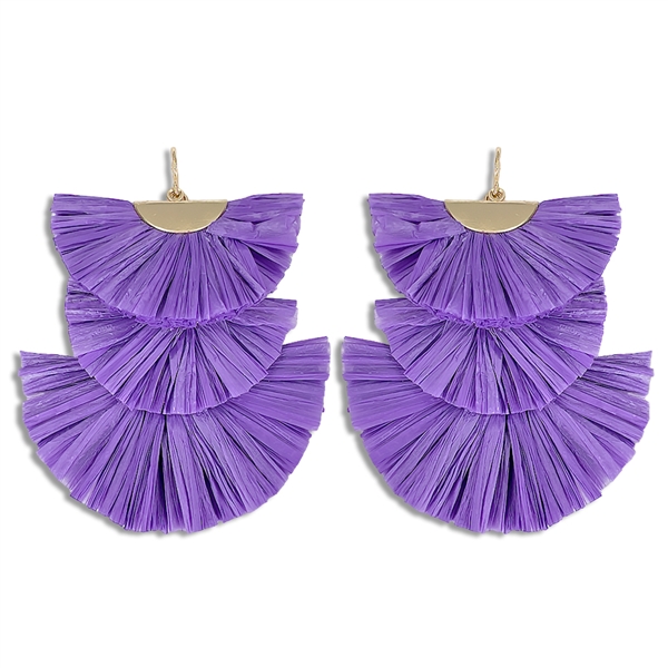 Chic & Cute Purple Raffia Paper Tiered Gold-Tone Tassel-Like Fish Hook Drop Earrings