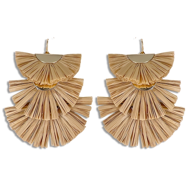Chic & Cute Tan Raffia Paper Tiered Gold-Tone Tassel-Like Fish Hook Drop Earrings