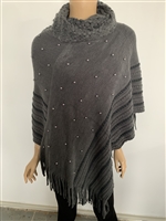 Fashion Fringed Black Turtleneck Poncho Shawl