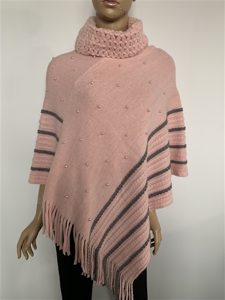 Fashion Fringed Pink Turtleneck Poncho Shawl