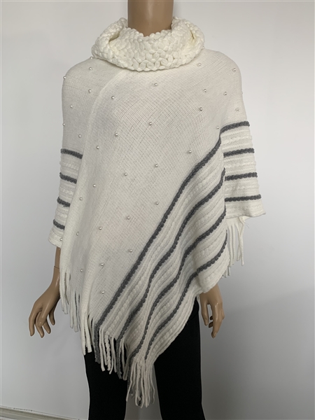 Fashion Fringed White Turtleneck Poncho Shawl