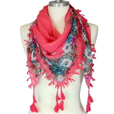 Pink & Colorful Floral Fringed Scarf