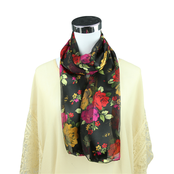 Colorful Blossomed Floral Pattern Printed Black Silk Scarf