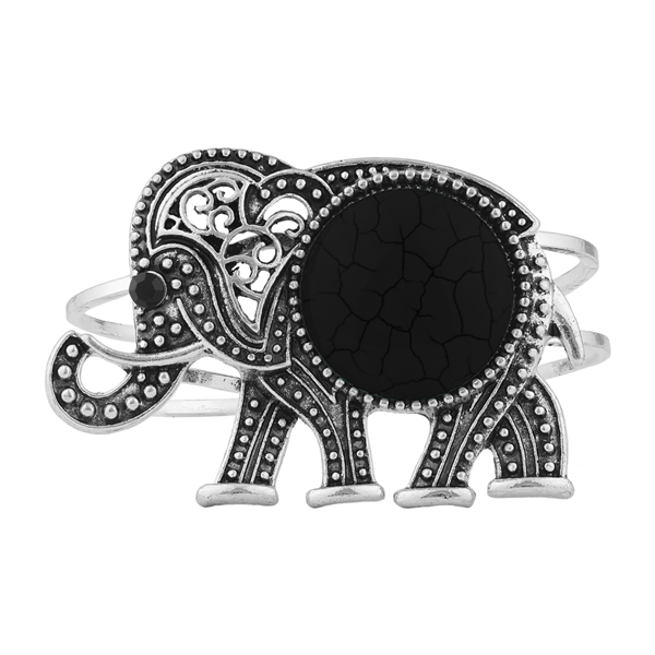 Black Vintage Boho Tribal Elephant Bangle Bracelet with Hinged Clasp