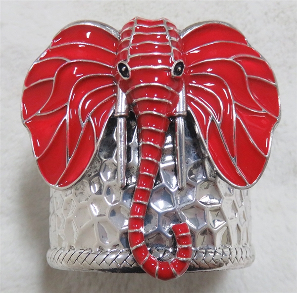 Red & Silver Elephant Face Hammered Silver Toned Cuff Bangle