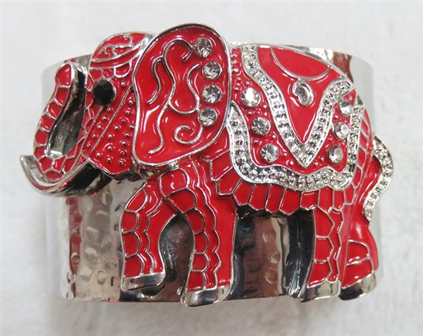 Bohemian Style Red & Silver Elephant Hammered Silver Toned Cuff Bangle