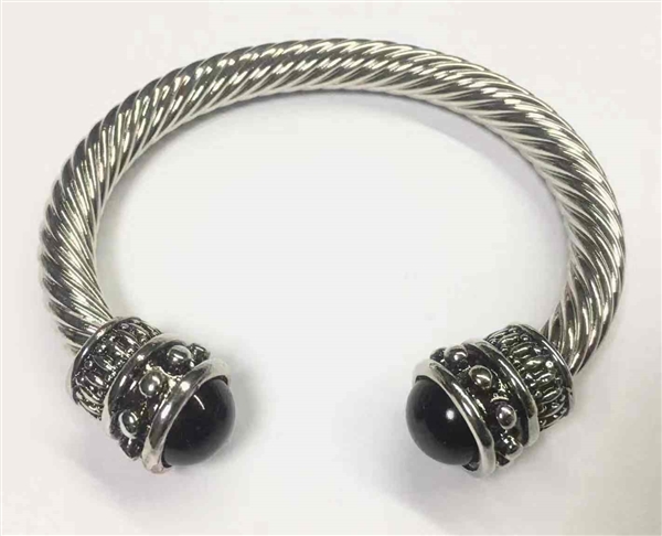 Elegant & Stylish Black Pearl & Silver Toned Cable Open Cuff Bangle