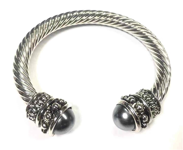 Elegant & Stylish Grey Pearl & Silver Toned Cable Open Cuff Bangle