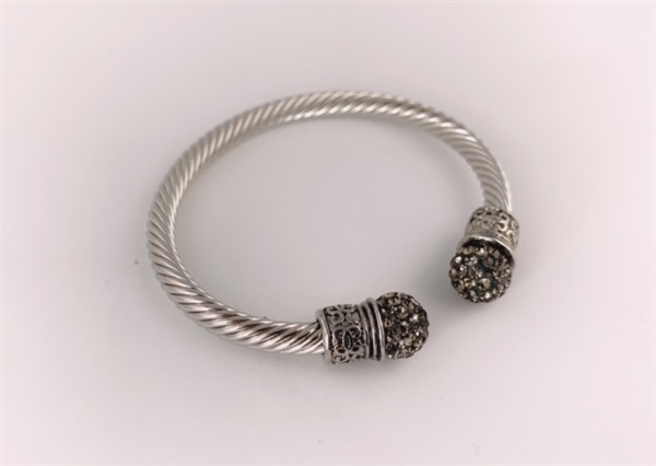 Elegant & Stylish Light Smoked Topaz Crystal & Silver Toned Cable Open Cuff Bangle
