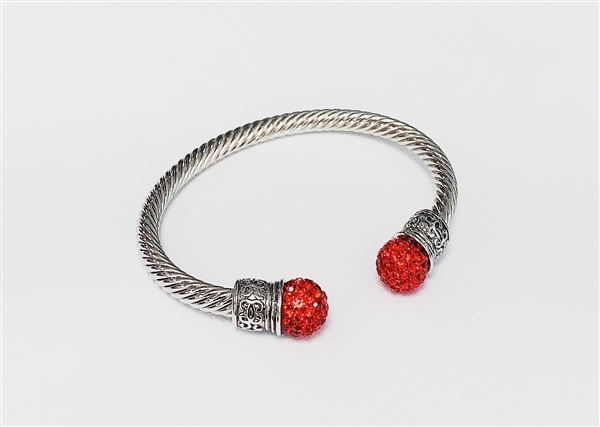 Elegant & Stylish Siam Red Crystal & Silver Toned Cable Open Cuff Bangle